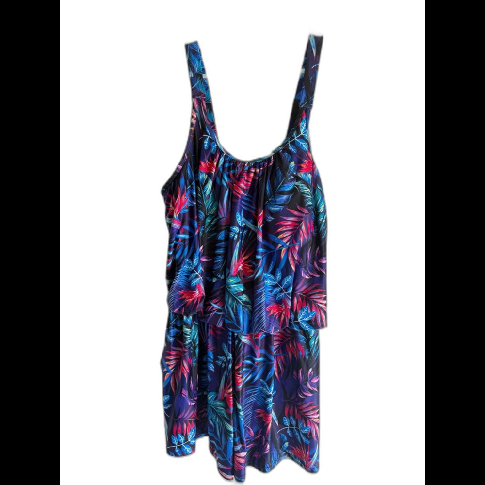 Tropical Floral Swim Romper - Vibrant Blue & Pink Leaf Print by Tempt Me 20W